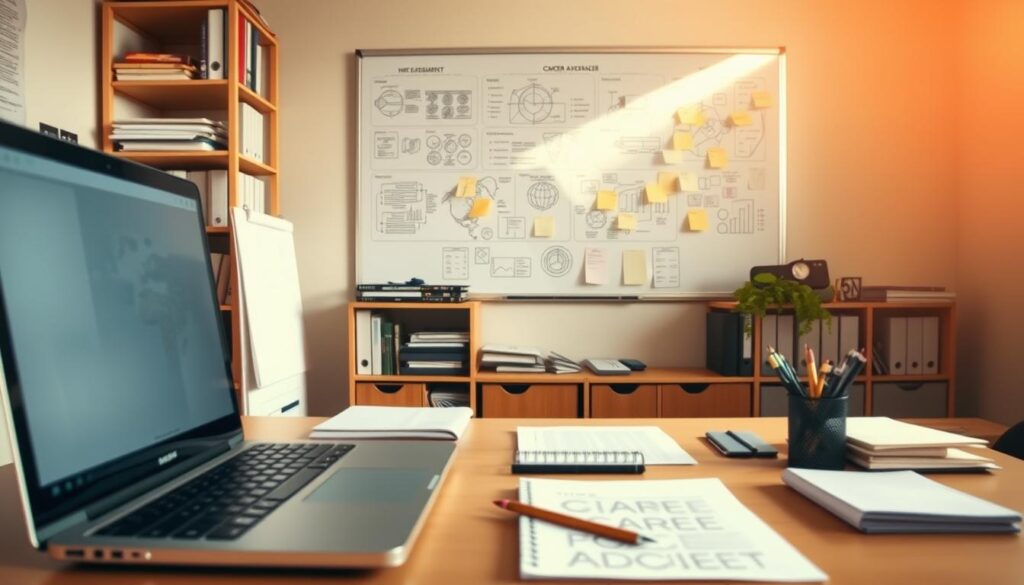 A neatly organized office workspace with various tools and documents related to a career assessment. In the foreground, a desk with a laptop, notepad, and pens. In the middle ground, shelves displaying folders, binders, and reference materials. The background features a large whiteboard or corkboard covered in sticky notes, diagrams, and charts. Warm, natural lighting fills the room, creating a productive and reflective atmosphere. The overall scene conveys the thoughtful process of a career development assessment.