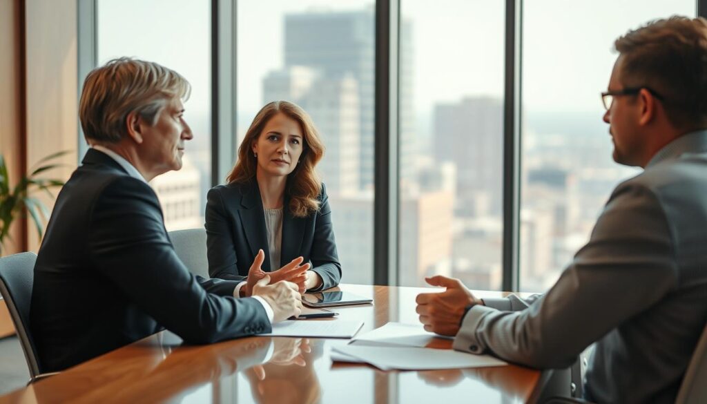 A negotiation between an employee and employer takes place in a professional office setting. In the foreground, a woman in a formal business attire sits across a desk from a man, both engaged in a discussion with serious, yet thoughtful expressions. The middle ground features a large window overlooking a cityscape, allowing natural light to stream in and create a sense of openness. The background is softly blurred, emphasizing the focus on the negotiation at hand. The scene conveys a mood of careful consideration and compromise as the two parties work to find a part-time work arrangement that benefits both. The overall composition is balanced and inviting, reflecting the importance of this negotiation for the employee's career transition.