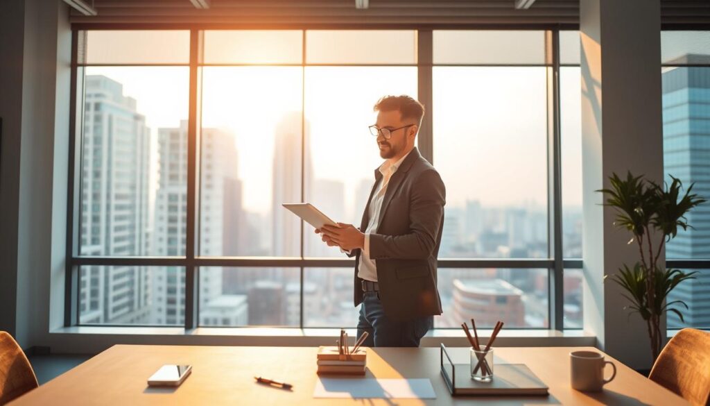 A person standing confidently in a well-lit modern office, facing a large window with a cityscape in the background. They are casually dressed in business casual attire, with a focused expression as they brainstorm ideas on a digital tablet. The lighting is warm and natural, creating a sense of productivity and inspiration. The foreground features a tidy desk with minimalist office supplies, hinting at the person's entrepreneurial mindset. The overall atmosphere conveys a balanced blend of professionalism and creativity, capturing the essence of starting one's own business.