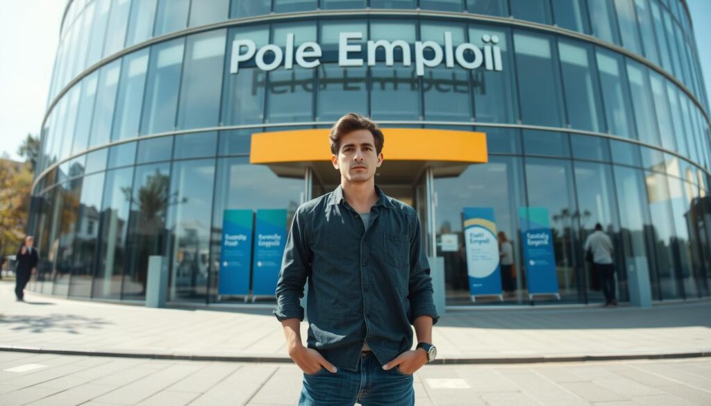 A person standing in front of the Pôle Emploi office, the French national employment agency, during a bright, sunny day. The building is a modern, glass-and-steel structure with a prominent entrance. The person is casually dressed, appearing anxious yet determined, standing with a sense of trepidation as they prepare to enter the office and begin the process of registering as unemployed. The scene is captured with a wide-angle lens, emphasizing the scale of the building and the individual's small stature in comparison, creating a sense of the daunting task ahead. The lighting is soft and diffuse, creating a mood of quiet contemplation and the potential for a new beginning.