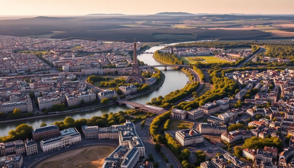 A picturesque aerial view of the Île-de-France region, the administrative heart of France. In the foreground, a bustling metropolis with iconic landmarks like the Eiffel Tower and Notre-Dame Cathedral. The middle ground showcases the Seine River winding through the city, surrounded by lush green spaces and government buildings. In the background, the rolling hills and forests of the Île-de-France countryside stretch out, bathed in warm, golden afternoon light. The scene conveys a sense of opportunity, dynamism, and the rich history and culture of this vibrant administrative center.