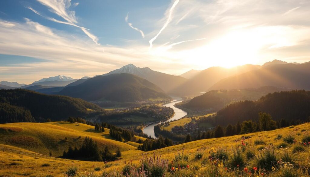 A picturesque landscape showcasing the diverse regions of Auvergne-Rhône-Alpes, France. In the foreground, rolling hills dotted with vibrant wildflowers and quaint villages nestled between towering snow-capped peaks. The middle ground features a winding river cutting through lush forests, while the background boasts majestic mountains reaching towards the sky. Warm golden sunlight filters through wispy clouds, casting a serene glow over the scene. A serene and tranquil atmosphere that captures the natural beauty and cultural richness of this unique French territory, inviting viewers to explore the myriad of internship opportunities within its diverse landscapes and communities.
