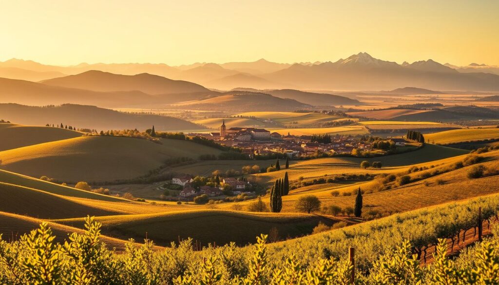 A picturesque landscape showcasing the diverse regions of PACA and Occitanie in the south of France. In the foreground, rolling hills and vineyards bathed in warm, golden sunlight. In the middle ground, quaint villages with terracotta roofs and winding cobblestone streets nestled among olive groves and lavender fields. In the background, the majestic peaks of the Pyrenees mountains rise up, capped with snow. The scene is captured through a wide-angle lens, creating a sense of depth and grandeur. The overall mood is one of tranquility, natural beauty, and the rich cultural heritage of these two renowned regions.