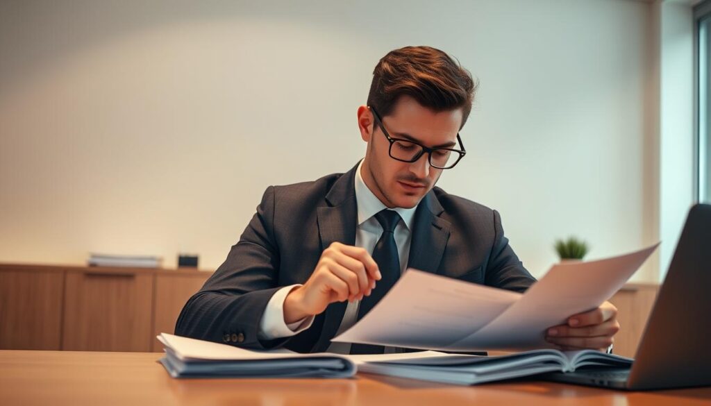 A professional business person in a classic suit, sitting at a desk and reviewing resumes and documents, representing the process of tailoring a job application to a specific industry or sector. The scene is set in a modern, well-lit office environment with clean lines and minimal decor, conveying a sense of focused efficiency. Subtle, warm lighting creates a mood of thoughtful consideration, as the candidate's application materials are carefully evaluated. The overall tone is one of diligence, attention to detail, and a commitment to presenting the most relevant and compelling case for the role.