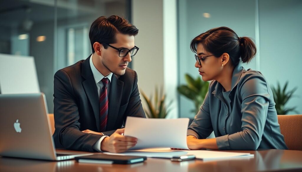 A professional business person negotiating the terms of a internship contract with a potential employer, set in a modern office environment. The scene depicts a serious yet cordial discussion, with both parties leaning forward and engaged in thoughtful conversation. Soft, warm lighting illuminates the scene, casting a calming atmosphere. The background features generic office elements like a desk, laptop, and potted plant, allowing the negotiation to be the focal point. The overall mood conveys a sense of measured consideration as the two individuals work to reach a mutually beneficial agreement.