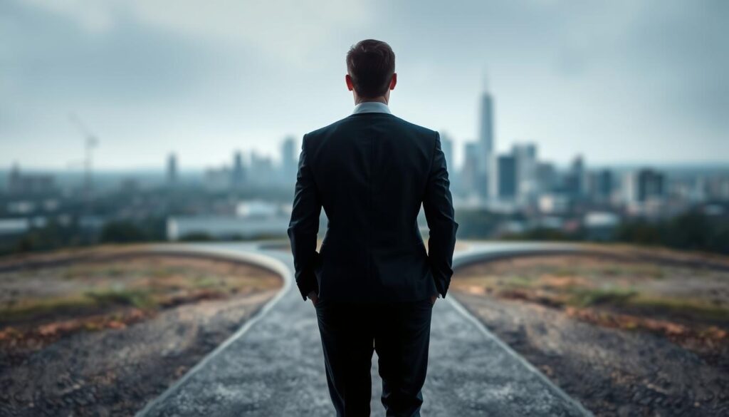 A professional individual in formal attire, standing at a crossroads, contemplating their next career move. The foreground features their silhouette, hands in pockets, gazing off into the distance. The middle ground showcases a branching path, each trail representing a different professional opportunity. The background is a blurred city skyline, symbolizing the urban landscape where career transitions often take place. Soft, natural lighting illuminates the scene, creating a pensive and reflective atmosphere. The composition emphasizes the sense of transition, uncertainty, and the important decision at hand.