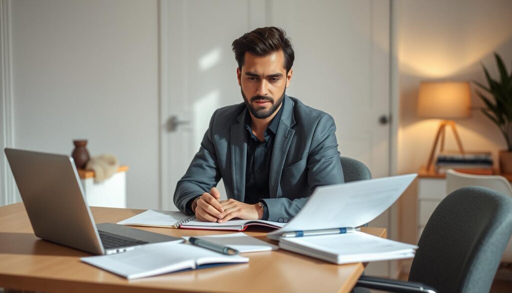 A professional individual sits at a desk, meticulously preparing for an upcoming job interview at a prominent French bank. The setting is a well-lit home office, with clean lines and modern decor. On the desk, a laptop, notepads, and carefully organized documents suggest the diligent research and planning underway. The interviewee's expression is focused, exuding a sense of determination and confidence as they review potential questions and rehearse responses. Soft, directional lighting casts subtle shadows, adding depth and dimension to the scene. The overall atmosphere conveys a sense of serious preparation, a critical step in the journey towards securing a coveted position in the French banking industry.