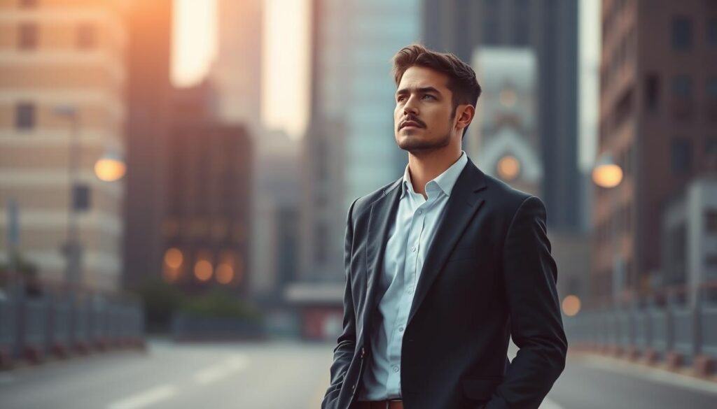 A professional man standing at a crossroads, considering his career options. In the foreground, he is dressed in a smart suit, with a thoughtful expression on his face. The background is a blurred cityscape, suggesting the urban environment he currently inhabits. Soft, warm lighting illuminates the scene, creating a contemplative mood. The composition emphasizes the man's decision-making process, capturing the moment of transition between his current career and a potential new path. The overall impression is one of a methodical, step-by-step approach to a significant life change.