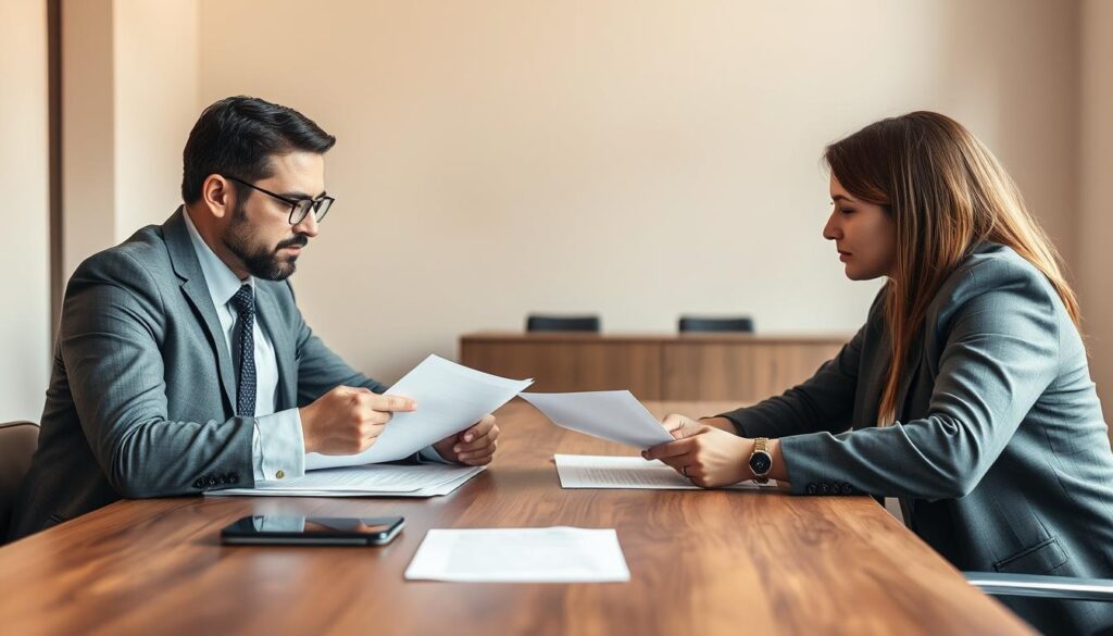 A professional negotiator sits at a wooden table, deep in discussion with a potential internship provider. The lighting is warm and focused, casting a soft glow on the negotiators' faces as they pore over documents and exchange ideas. In the background, a minimalist office space with clean lines and muted colors creates a sense of calm and focus. The negotiators' body language conveys a sense of collaboration and mutual understanding, as they work together to craft the perfect internship agreement.