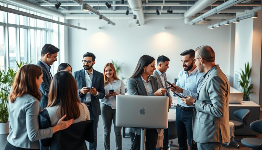 A professional networking scene showcasing a diverse array of working professionals engaged in dynamic interactions. The foreground depicts a group of people in business attire exchanging business cards, shaking hands, and conversing animatedly. The middle ground features individuals using laptop computers and mobile devices, browsing job listings and professional profiles on sleek, modern user interfaces. The background showcases a clean, minimalist office environment with large windows, potted plants, and modern furniture, bathed in warm, directional lighting that creates a sense of productivity and collaboration. The overall atmosphere conveys a vibrant, interconnected professional community, ripe with opportunities for career advancement and networking.