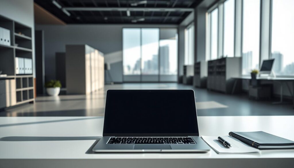 A professional office interior with a sleek, modern design. In the foreground, a desk with a laptop, papers, and a pen set, symbolizing the current application process. In the middle ground, a row of filing cabinets and shelves, conveying the organization and structure of the ministry's application procedures. The background features large windows overlooking a cityscape, creating a sense of professionalism and opportunity. Soft, directional lighting illuminates the scene, casting subtle shadows and highlighting the clean, minimalist aesthetic. The overall atmosphere exudes a sense of efficiency, diligence, and the potential for success in the ministry's internship program.