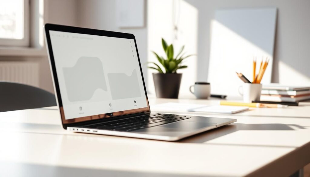 A serene and modern workspace, bathed in natural light and filled with minimalist yet sleek UX/UI design elements. In the foreground, a laptop display showcases a clean, intuitive interface with minimalist icons and smooth transitions. In the middle ground, a designer's hand hovers over a stylus, thoughtfully crafting the user experience. The background reveals a minimalist desk setup, with a potted plant and various design tools, creating a harmonious, inspiration-driven environment. Crisp, directional lighting casts warm shadows, emphasizing the focus and attention to detail in the UX/UI design process.