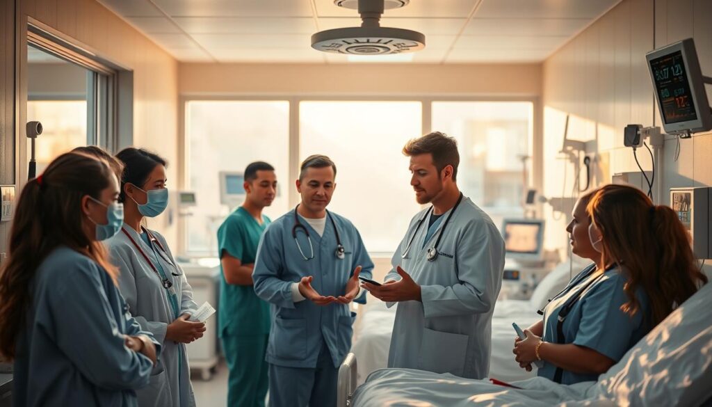 A serene hospital ward, bathed in warm, natural lighting that filters through large windows. In the foreground, a group of medical students and interns, their faces filled with focus and dedication, review a checklist of technical skills - suturing, IV insertion, patient monitoring, and more. In the middle ground, a senior clinician gestures, explaining the intricacies of each procedure, their experienced hands guiding the next generation. The background showcases the clean, modern equipment and technology of the public hospital, reflecting the high standards and state-of-the-art facilities available to trainees. An atmosphere of learning, professionalism, and a commitment to providing excellent patient care pervades the scene.