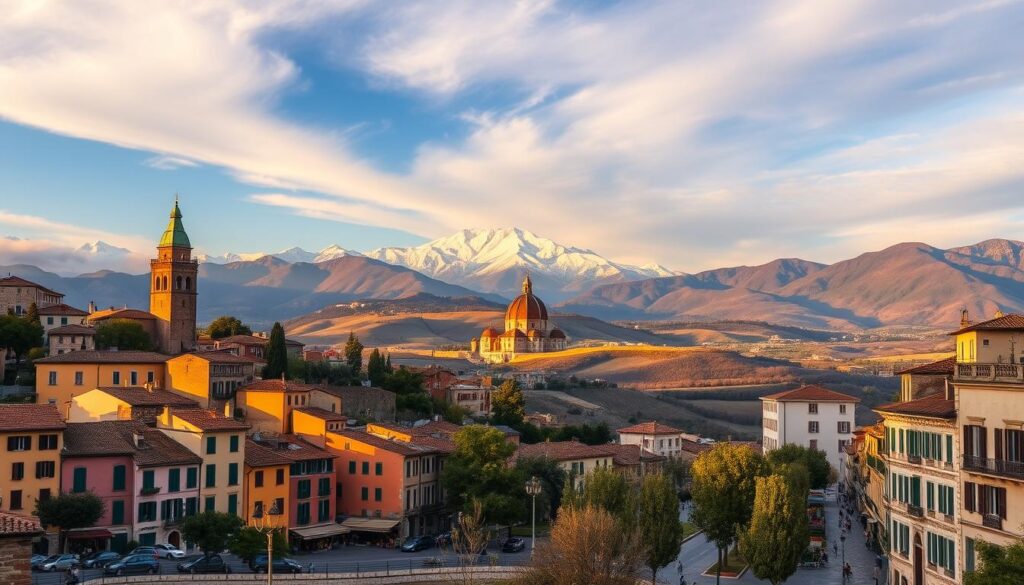 A serene landscape of iconic European destinations, captured under a warm golden hour glow. In the foreground, a picturesque town with colorful buildings, cobblestone streets, and quaint cafes. In the middle ground, rolling hills dotted with vineyards and olive groves. In the background, majestic snow-capped mountains rise against a vibrant sky. The scene exudes a sense of tranquility and timeless charm, inviting the viewer to imagine the unique cultural experiences and educational opportunities that await at these popular study abroad destinations.