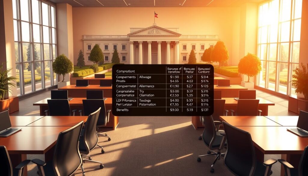 A serene office setting, bathed in warm, natural lighting filtering through large windows. Rows of wooden desks and ergonomic chairs populate the foreground, symbolizing the administrative infrastructure of the public sector. In the middle ground, a centralized information board displays detailed breakdowns of various government employee compensation packages, including allowances, bonuses, and benefits. The background showcases the grandeur of a stately government building, its neoclassical architecture and manicured gardens conveying a sense of tradition and stability. An atmosphere of professionalism and transparency pervades the scene, reflecting the intended purpose of this informative illustration.