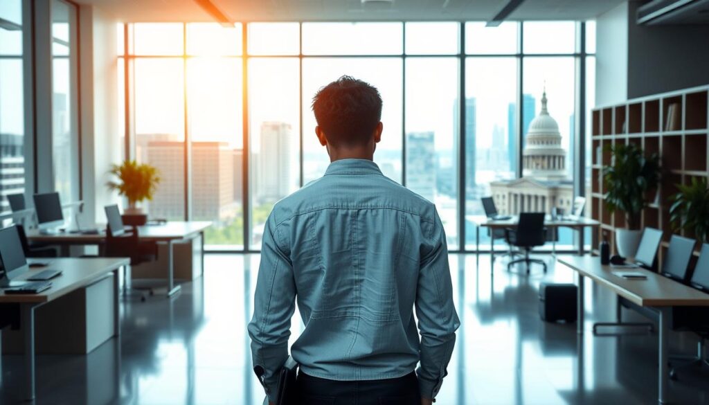 A serene office setting, illuminated by soft, natural light filtering through large windows. In the foreground, a young professional contemplates career options, represented by two pathways - one leading to a corporate building, the other to a government office. The middle ground features elements symbolizing the distinct traits of each career choice, such as briefcases, computers, and organizational charts. The background showcases a cityscape, hinting at the broader context and opportunities available. The scene conveys a sense of contemplation, as the subject weighs the pros and cons of an internship in a private enterprise versus a public administration, pondering the impact on their future career trajectory.