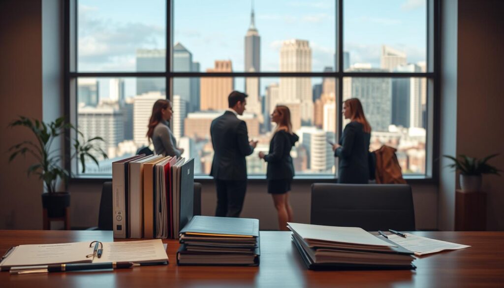 A serene office setting showcasing various types of public service internships. In the foreground, a desk displays folders and documents representing administrative, legal, and social work placements. In the middle ground, young professionals in business attire engage in discussions, symbolizing the collaborative nature of these programs. The background features a large window overlooking a bustling city skyline, conveying the connection between public service and the broader community. Warm, diffused lighting creates a professional yet inviting atmosphere, while a clean, minimalist aesthetic emphasizes the formality and structure of the public sector internships.