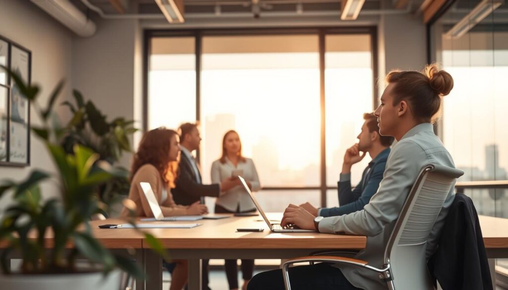 A serene office setting with a desk, chair, and potted plant in the foreground. In the middle ground, a group of young professionals engaged in discussion, their faces expressing focused concentration. The background features a large window overlooking a cityscape, the warm glow of afternoon sunlight filtering through. The scene conveys a sense of productivity, collaboration, and work-life balance, capturing the essence of the "durée du travail et congés pour les stagiaires" topic.