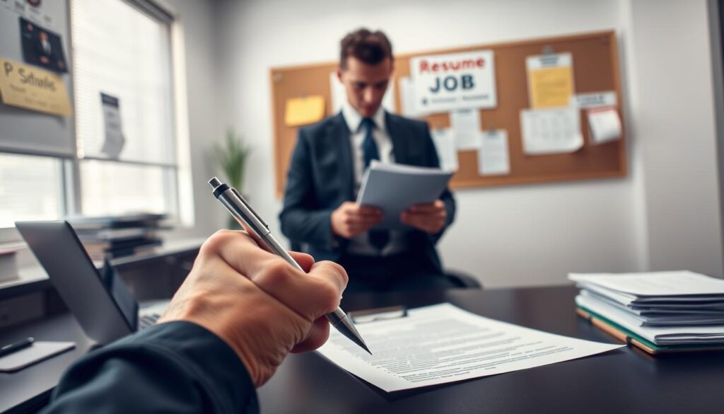 A serene office setting with a well-lit desk, a laptop, and organized documents. In the foreground, a hand holding a pen hovers over an application form, capturing the moment of careful consideration during the job application process. The middle ground features a smartly dressed professional reviewing resumes, conveying the diligence and attention to detail required. In the background, a bulletin board displays job postings, reminding the viewer of the broader context of the job search. The overall scene emanates a sense of focused determination, as if guiding the viewer through the step-by-step journey of the application process.
