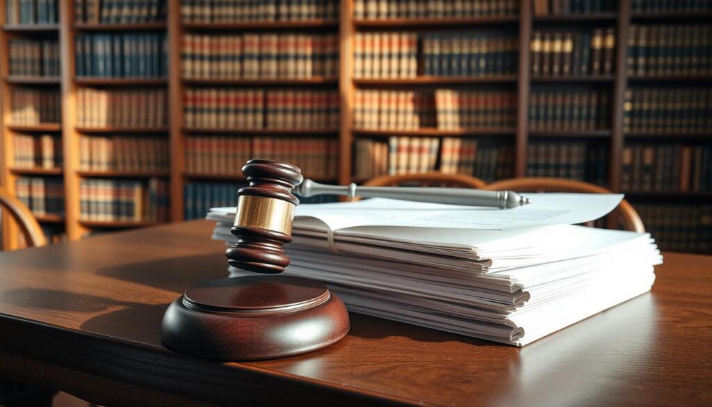 A serene office setting with a wooden desk, a stack of legal documents, and a gavel resting atop them. The background features a large bookshelf filled with law books, creating a sense of authority and expertise. Soft, warm lighting illuminates the scene, casting subtle shadows and adding depth. The overall composition conveys a professional, scholarly atmosphere befitting the legal framework of internships in France.