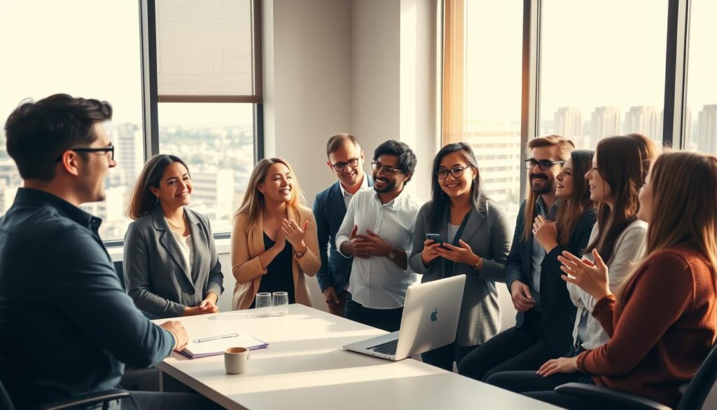 A serene office setting with warm, natural lighting filtering through large windows. In the foreground, a group of former interns gather, their faces animated as they share their experiences, testimonials captured in a collage of candid expressions and gestures. The middle ground features a clean, minimalist desk with a laptop and a few personal mementos, creating a professional yet inviting atmosphere. The background depicts a cityscape visible through the windows, hinting at the broader context of the internship program. The overall mood is one of camaraderie, reflection, and a sense of personal growth stemming from their time in the ministry.