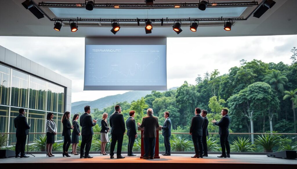 A serene, well-lit international financing stage set against a backdrop of modern architecture and a lush, verdant landscape. In the foreground, a group of professionals in business attire stand around a podium, engaged in discussion. The middle ground features a large projection screen displaying financial data and graphs. Soft, diffused lighting casts a warm, professional glow over the scene, creating a sense of authority and expertise. The overall atmosphere conveys a sense of international collaboration, progress, and the potential for successful overseas internships and financing opportunities.