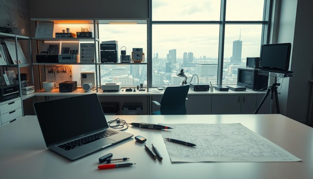A serene, well-lit workspace with an array of technical tools and equipment artfully arranged. In the foreground, a sleek laptop, a blueprint, and precision instruments rest on a modern, minimalist desk. In the middle ground, shelves display a variety of electronics, circuit boards, and technical manuals, conveying a sense of expertise and knowledge. The background features a large window overlooking a cityscape, providing a calming, professional atmosphere. Subtle lighting casts a warm, focused glow, highlighting the technical prowess and attention to detail required for the tasks at hand.