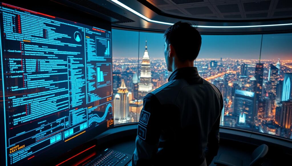 A sleek, futuristic cybersecurity command center. In the foreground, a holographic display projects intricate data visualizations, with lines of code cascading across the screen. In the middle ground, an operator in a high-tech uniform monitors the systems, their face illuminated by the glow of the displays. The background features a panoramic view of a sprawling, neon-lit metropolis, conveying a sense of the vast, interconnected digital landscape that cybersecurity professionals must protect. Dramatic cinematic lighting casts dramatic shadows, emphasizing the intensity and importance of the task at hand. The overall scene evokes a sense of advanced technology, heightened security, and the critical role of cybersecurity experts in the modern digital world.