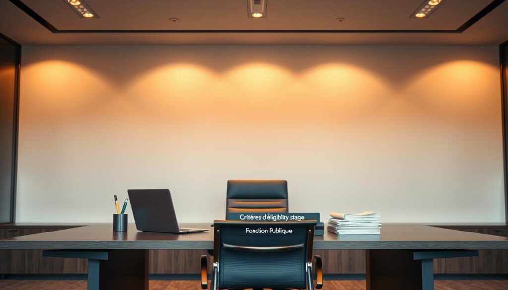 A sleek, minimalist office interior with a large desk and modern ergonomic chair. The desk is adorned with a laptop, a pen holder, and a stack of documents labeled "Critères d'éligibilité stage Fonction Publique". Warm, diffused lighting from overhead fixtures casts a soft glow, creating a professional and inviting atmosphere. The background features a subtle, muted gradient, drawing the viewer's focus to the central elements on the desk. The composition is balanced and symmetrical, conveying a sense of order and organization. The overall aesthetic is clean, sophisticated, and reflective of the government office setting.