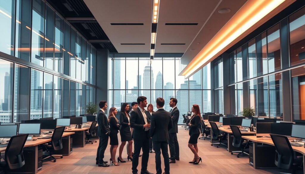 A sleek, modern banking office interior with a focus on the "stage" or internship program. The foreground shows a group of young professionals in business attire standing and conversing, conveying the dynamic energy of the workplace. The middle ground features rows of desks and computers, suggesting a bustling, productive environment. The background showcases floor-to-ceiling windows overlooking a cityscape, creating a sense of urban sophistication. Warm, directional lighting from overhead fixtures casts a professional glow, while the color palette leans towards neutral tones punctuated by pops of accent colors. The overall atmosphere exudes a feeling of opportunity, growth, and a thriving financial sector.