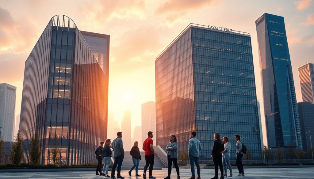 A sleek, modern office building with a minimalist glass and steel facade, situated against a backdrop of futuristic city skyline. The building is bathed in warm, ambient lighting that casts a glow across the scene. In the foreground, a group of young, dynamic professionals are gathered, engaged in animated discussion, representing the vibrant, innovative spirit of the technology sector. The composition emphasizes the interplay between the built environment and the human element, conveying a sense of progress, collaboration, and the driving force behind the digital revolution.
