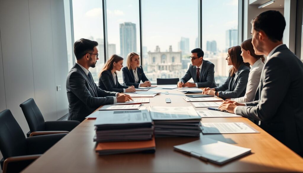 A sleek, modern office interior with minimalist design elements. In the foreground, a group of professionals in formal attire are engaged in a meeting, discussing recruitment procedures for the public sector in 2025. The lighting is soft and natural, creating a warm and professional atmosphere. In the middle ground, various documents and reports are neatly arranged on a large conference table, hinting at the detailed processes involved. The background features large windows overlooking a cityscape, emphasizing the importance and significance of the public sector's recruitment practices. The overall composition conveys a sense of efficiency, transparency, and a forward-looking approach to talent acquisition in the public service.