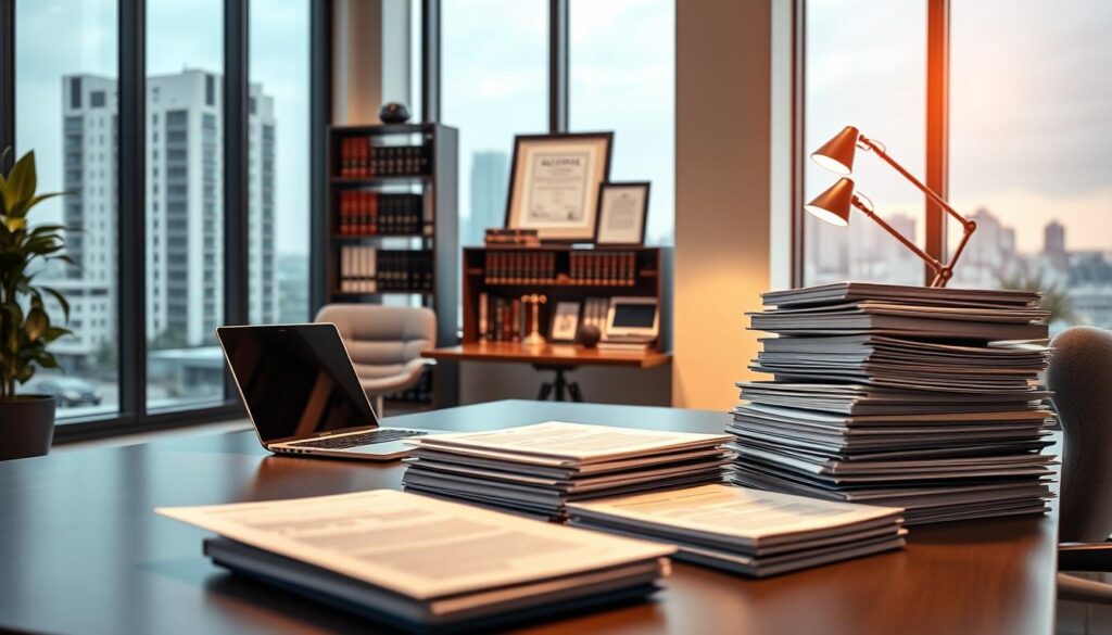 A sleek, modern office setting with a focus on legal documents and paperwork. In the foreground, a desk with neatly stacked files, a laptop, and a stylish desk lamp, all bathed in warm, diffused lighting. In the middle ground, a bookshelf filled with legal tomes and a framed certificate or diploma on the wall, conveying a sense of professionalism and expertise. The background features large windows overlooking a cityscape, with a neutral color palette of grays, whites, and touches of wood or metal accents, creating a clean, sophisticated atmosphere. The overall mood is one of productivity, order, and attention to legal compliance.