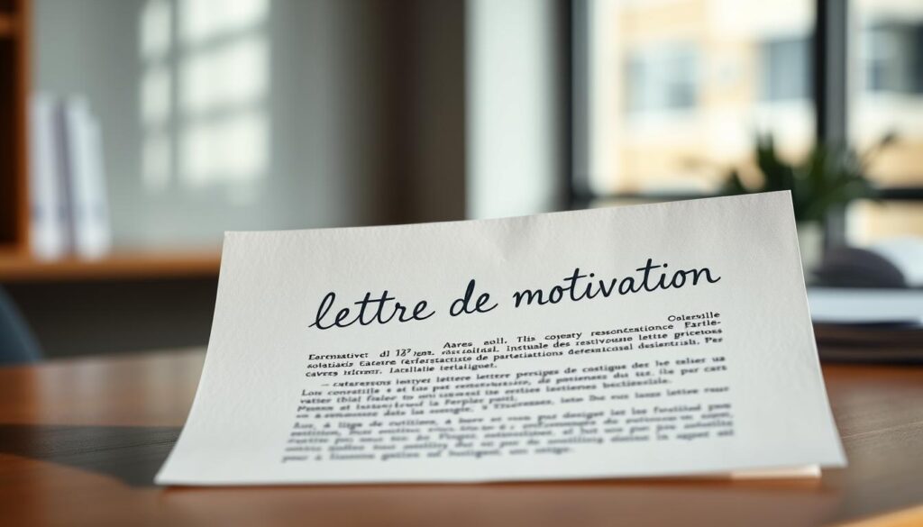 A stylized and professional-looking handwritten "lettre de motivation" document, shot in natural lighting with a shallow depth of field. The paper has a crisp, clean texture and a minimalist layout, with the text neatly organized and presented in an elegant cursive font. The background is a muted, warm-toned office setting, hinting at a corporate or academic environment. The overall mood is one of thoughtfulness, attention to detail, and a sense of purpose, conveying the importance of a well-crafted cover letter in a job or internship application.