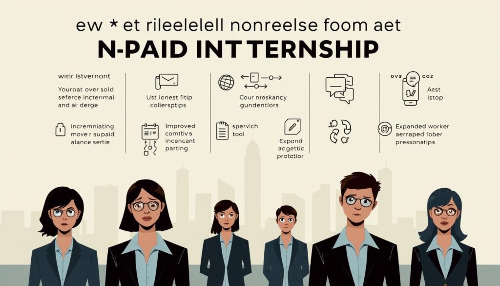 A stylized, editorial illustration showcasing the new government measures on unpaid internships. Set in a modern, minimalist design, the foreground depicts a group of young professionals in business attire, their expressions reflecting a mix of uncertainty and determination. In the middle ground, stylized icons and infographic elements convey the key policy changes, such as increased oversight, improved compensation guidelines, and expanded worker protections. The background features a clean, geometric cityscape in muted tones, suggesting the broader social and economic context. The lighting is soft and diffused, creating a sense of professionalism and seriousness. The overall mood is one of progress and forward momentum, reflecting the spirit of the new government initiatives.