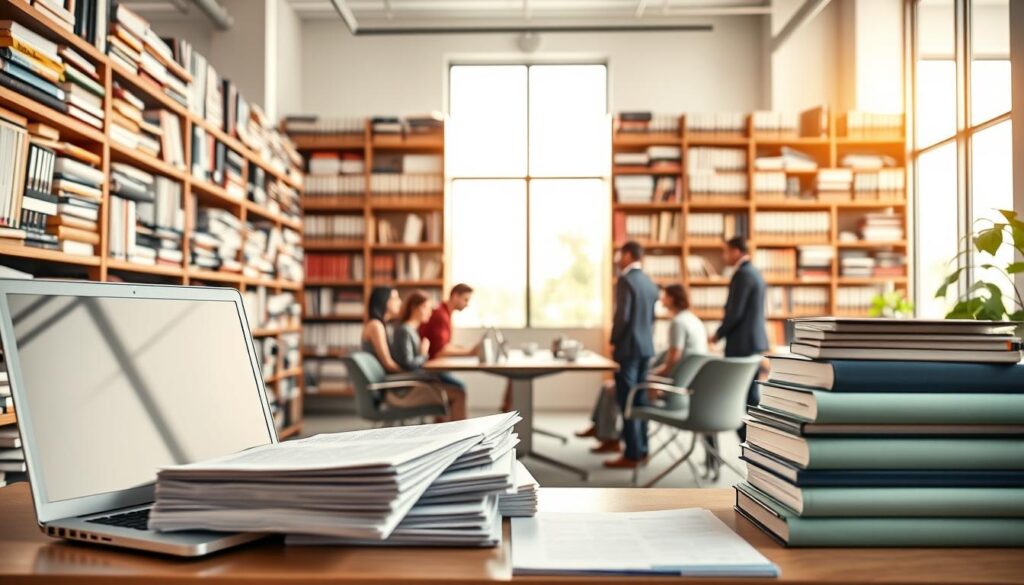 A vast array of legal training devices stand prominently in a bright, modern office setting. In the foreground, a laptop, tablet, and stack of documents represent the various digital and physical tools available for professional development. In the middle ground, a group of diverse office workers collaborate around a conference table, discussing training opportunities. The background features towering bookshelves filled with industry-specific manuals and certification guides, conveying the depth and breadth of legal continuing education options. Warm, natural lighting filters through large windows, creating an atmosphere of productivity and growth. This comprehensive visual encapsulates the comprehensive legal training landscape available to employees seeking internal career advancement.
