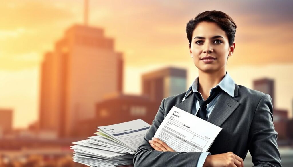 A vibrant scene depicting a person in professional attire, standing confidently in the foreground, their expression conveying determination and focus. In the middle ground, various financial documents and documents representing professional training or education are prominently displayed, symbolizing the process of financing a career transition. The background features a blurred cityscape, with a sense of dynamism and opportunity, suggesting the potential for growth and advancement. The lighting is warm and directional, highlighting the central figure and creating a sense of depth and atmosphere. The overall composition and mood evoke a sense of empowerment, progress, and the transformative power of professional development and financial planning.