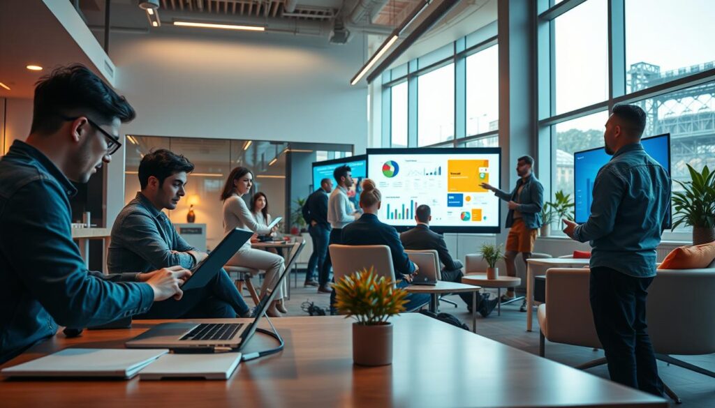 A vibrant scene depicting the diverse "métiers du digital" (digital professions). In the foreground, a group of professionals engaged in various tasks - a web developer coding on a sleek laptop, a social media manager creating eye-catching content on a tablet, and a data analyst interpreting complex charts and graphs. In the middle ground, a team of UI/UX designers brainstorming on a large touchscreen, while a digital marketer gives a presentation to a captivated audience. The background features a modern, high-tech office space with minimalist furniture, floor-to-ceiling windows, and state-of-the-art equipment. The lighting is a combination of warm, natural daylight and cool, ambient LED fixtures, creating a balanced, professional atmosphere. The overall mood is one of innovation, collaboration, and the endless possibilities of the digital landscape.