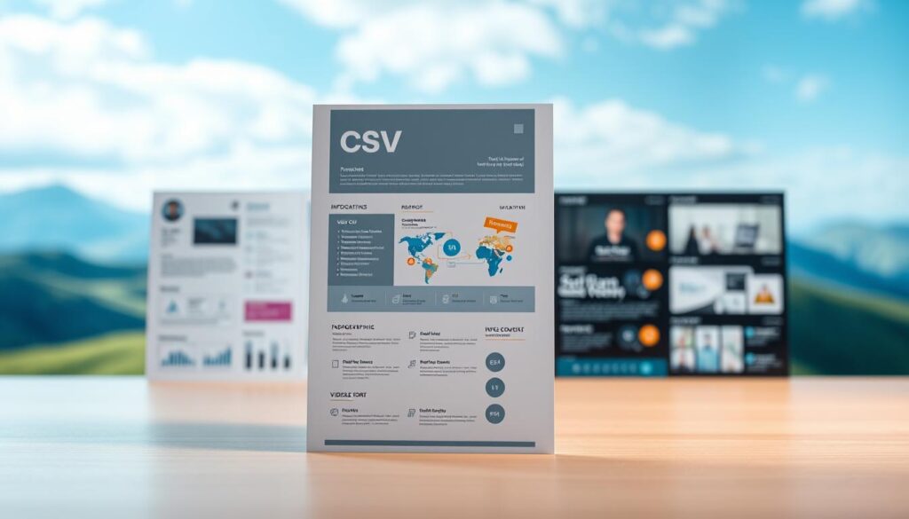 A visually compelling and modern CV design in the foreground, featuring clean typography, minimalist layout, and strategic use of color and white space. The middle ground showcases a variety of innovative CV formats, including infographic-style resumes, video CVs, and interactive digital portfolios. In the background, a blurred, ethereal landscape suggests the future of job applications, with technology and creativity seamlessly intertwined. Soft, directional lighting illuminates the scene, creating a sense of professionalism and aspirational possibilities. The overall mood is one of innovation, forward-thinking, and the ability to stand out in a competitive job market.
