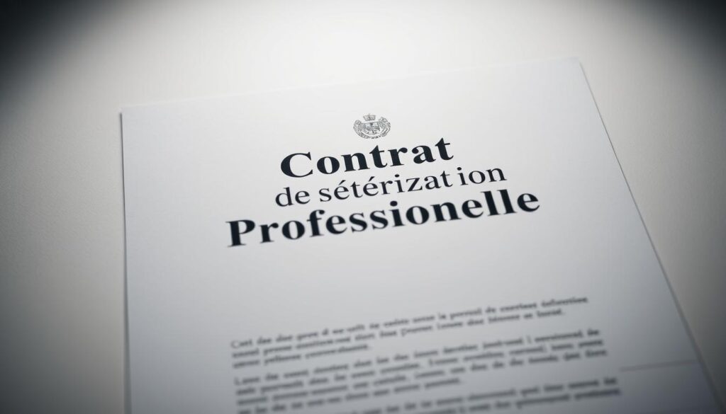 A well-designed contract document with a professional and formal appearance, set against a clean, minimalist background. The contract title "Contrat de Sécurisation Professionnelle" should be prominently displayed in a clear, legible font. Subtle details such as a coat of arms, government seal, or official insignia could be included to convey the document's institutional authority. The lighting should be soft and even, creating a sense of stability and trust. The camera angle should be slightly elevated, lending an air of importance to the subject. The overall mood should be one of reliability, security, and reassurance, reflecting the purpose of the "Contrat de Sécurisation Professionnelle" in the professional reconversion process.