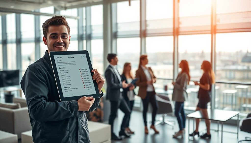 A well-lit and immersive scene showcasing the remuneration and benefits of an engineering internship in France. In the foreground, a young engineer stands confidently, their hands holding a tablet displaying salary details and employment contract. In the middle ground, a group of interns converse, smiling and engaged, against the backdrop of a modern office space with sleek furniture and large windows. The lighting is soft and natural, casting a warm glow that accentuates the professionalism and opportunity of the setting. In the background, a view of the French cityscape, with iconic landmarks hinting at the industry's prominent position within the country. The overall atmosphere conveys the rewarding and fulfilling nature of an engineering internship in France.