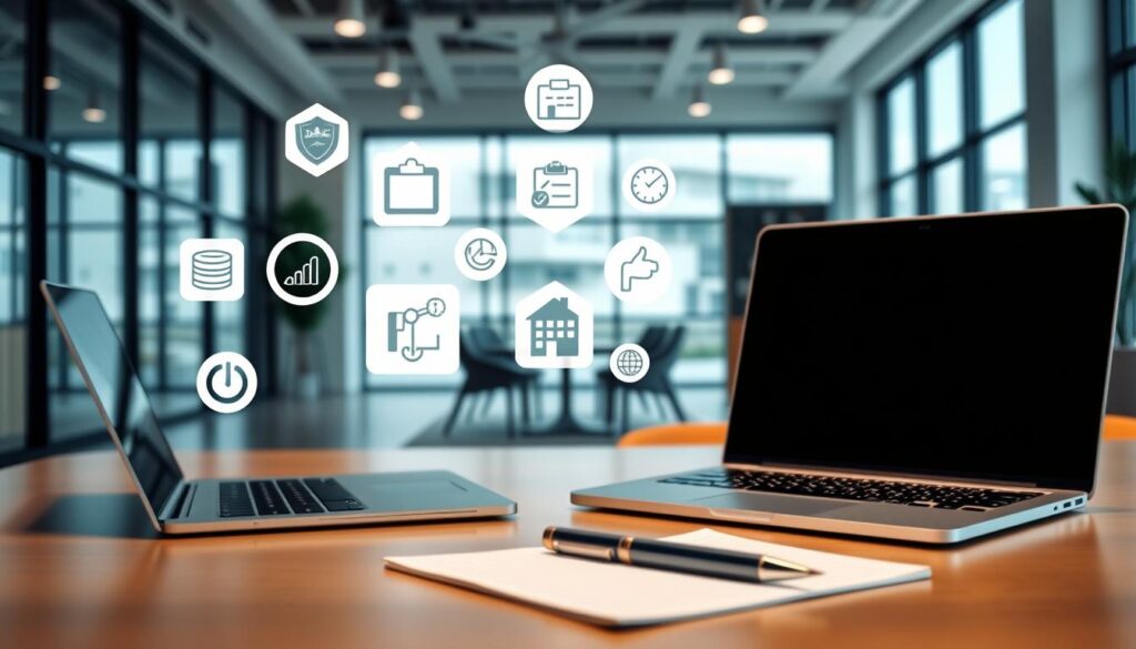 A well-lit, high-resolution scene depicting the key components of employee compensation and benefits. In the foreground, a stylish office desk with a laptop, pen, and notebook, symbolizing the professional work environment. In the middle ground, floating icons and infographic elements representing common benefits such as health insurance, retirement plans, and paid time off. The background features a modern, minimalist office space with large windows, allowing natural light to flood the scene. The overall mood is one of professionalism, organization, and attention to detail, capturing the importance of negotiating fair remuneration and benefits.