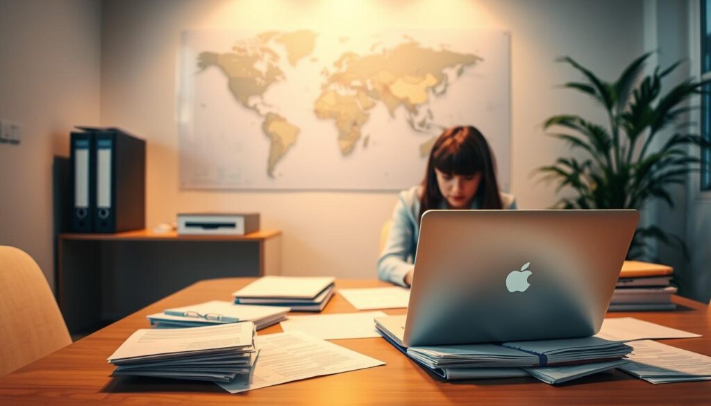A well-lit office interior, with a desk, laptop, and scattered documents. In the foreground, a person sitting at the desk, intently focused on their screen. Behind them, a world map on the wall, hinting at the international nature of the candidature process. Soft, warm lighting casts a professional, contemplative atmosphere. The scene conveys the thoughtful preparation and attention to detail required for a successful overseas internship application.