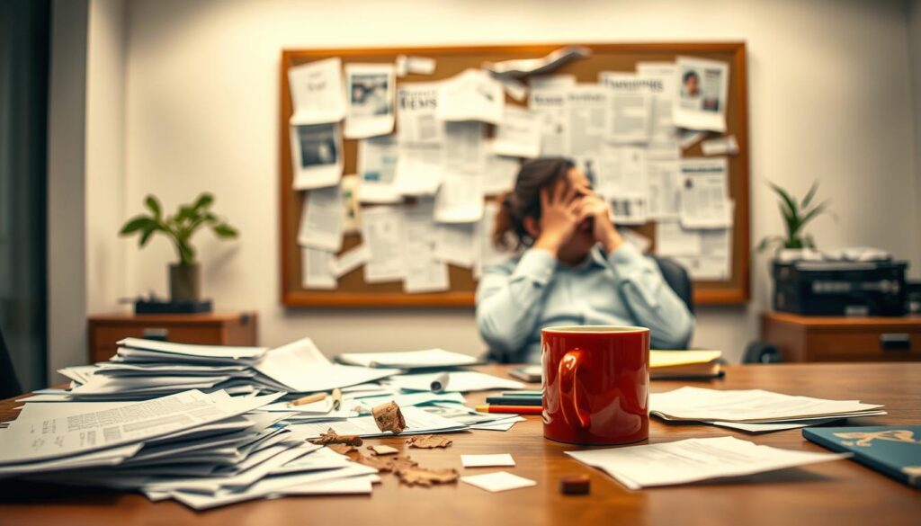 A well-lit office space, with a desk in the foreground featuring a scattered assortment of documents, a spilled coffee mug, and a stressed-out professional contemplating their career transition. In the middle ground, a bulletin board displays a mix of employment notices, handwritten notes, and torn newspaper clippings, hinting at the challenges of a professional reorientation. The background is blurred, conveying a sense of uncertainty and the weight of the decision. The overall atmosphere evokes a thoughtful, introspective mood, capturing the complexities and potential pitfalls of a career change.