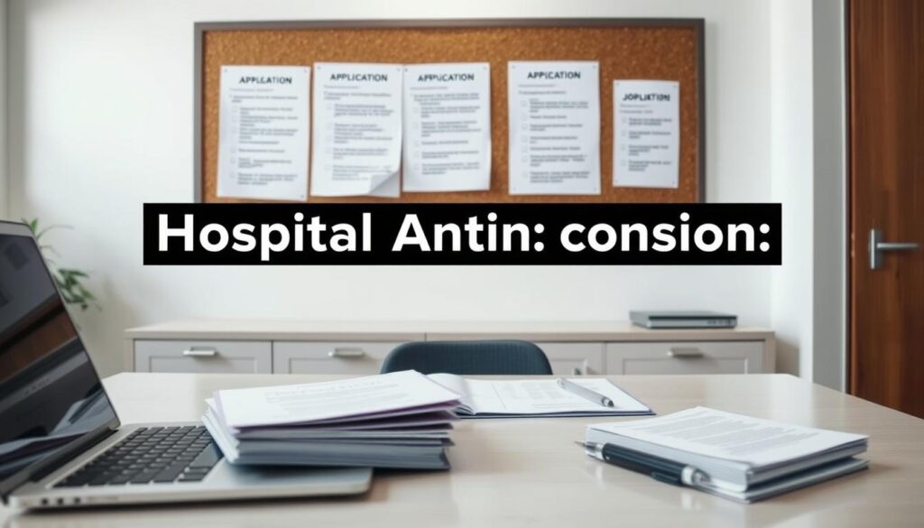 a detailed application process for a hospital internship, set in a clean, professional office environment. in the foreground, a neatly organized desk with a laptop, folders, and a pen. on the wall behind, a corkboard displays job postings and application checklists. the lighting is soft and natural, creating a calm, focused atmosphere. the angle is slightly elevated, giving an overview of the workspace. the color palette is muted, with shades of gray, white, and blue, reflecting the clinical and administrative nature of the scene. the overall impression is one of efficiency, organization, and the careful consideration of a job application.
